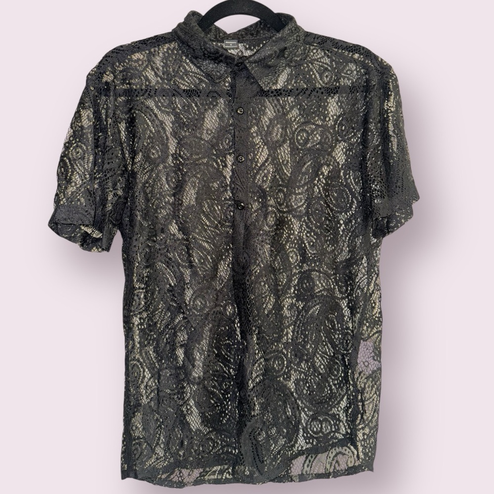 SHEIN Manfinity Black Lace Sheer Button Up Shirt Short Sleeve Size S NWT